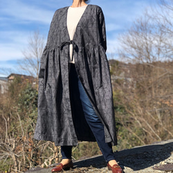 アンティーク大島紬のカシュクールワンピースコート　麻の葉　着物リメイク 2枚目の画像