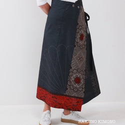 アンティーク大島紬の巻きスカート 龍郷赤 パッチワーク サロン 着物