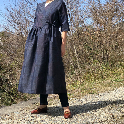 オックスフォードブルー 大島紬 カシュクールワンピース 着物リメイク