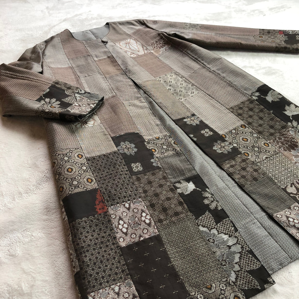 アンティーク大島紬のパッチワークコート 茶 リバーシブル 着物