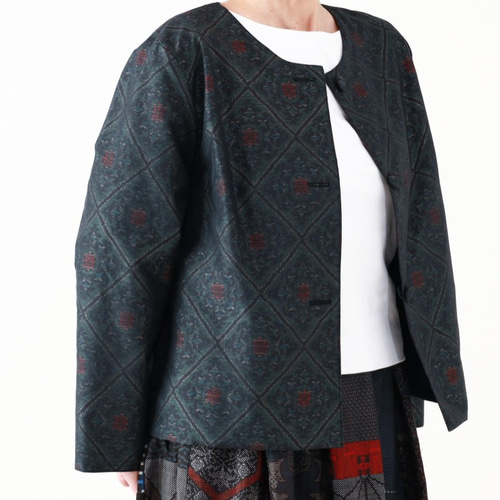 着物リメイク正絹紬ジャケットノーカラーシャツジャケット裏付総裏