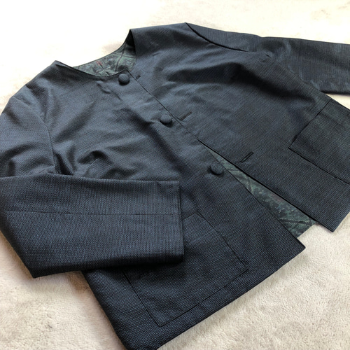 着物リメイク正絹紬ジャケットノーカラーシャツジャケット裏付総裏