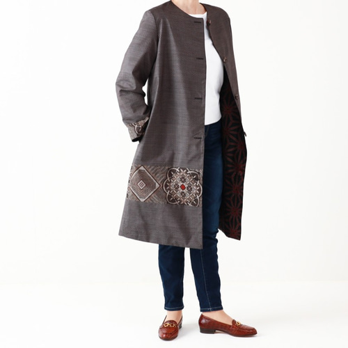 アンティーク大島紬のパッチワークコート リバーシブル 茶龍郷 着物