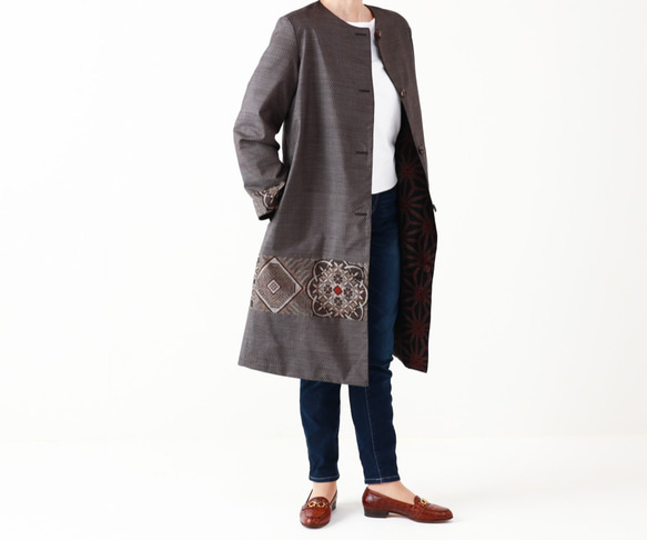 正絹大島紬&無地紬着物リメイクリバーシブルフードコ－ト 正絹大島紬&無地紬着物リメイクリバーシブルフードコ－ト