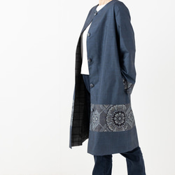 アンティーク大島紬のノーカラーコート　パッチワーク　リバーシブル　青　着物リメイク 1枚目の画像