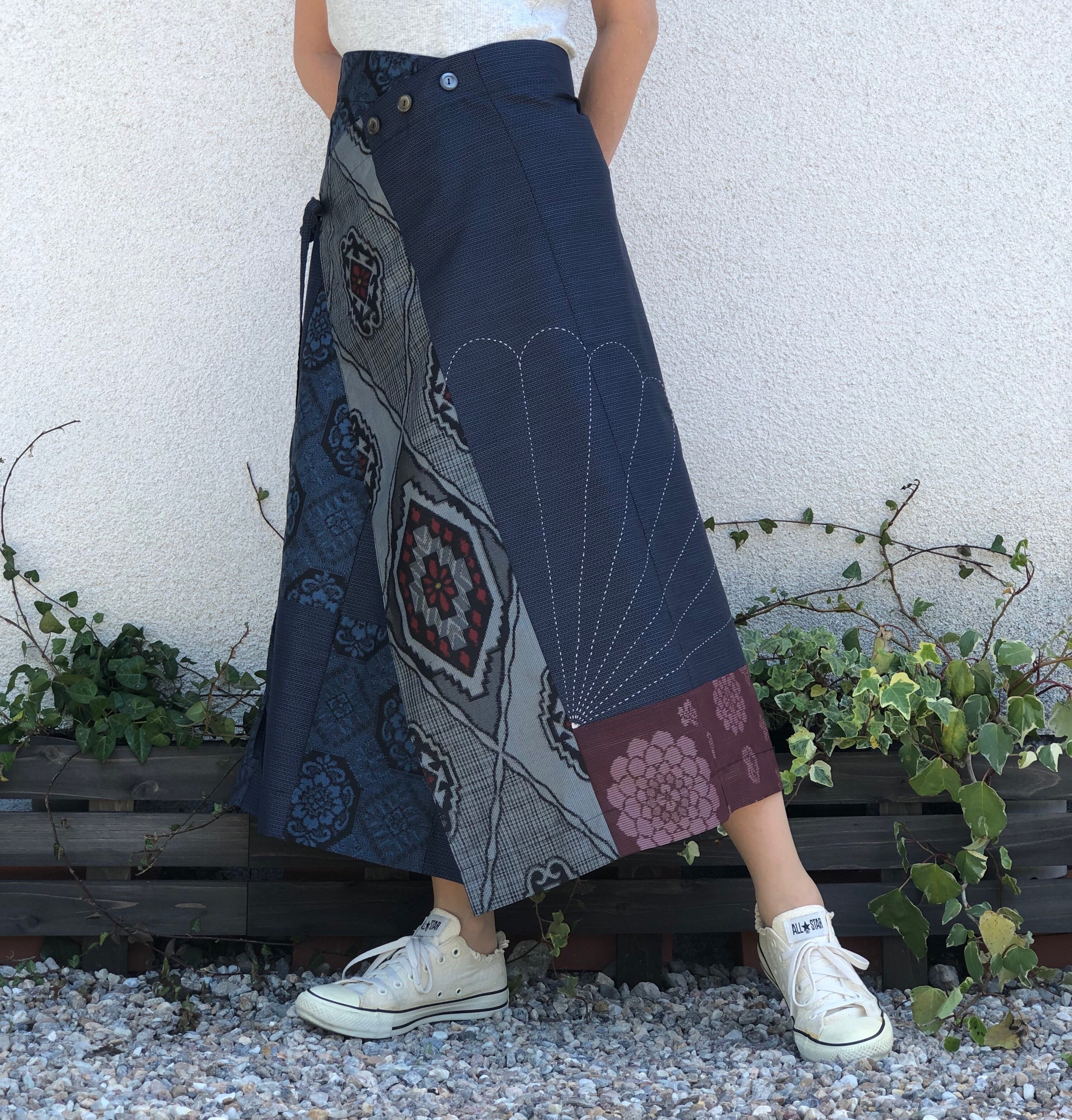 一周年記念セール】大島紬の巻きスカート 最後の1枚 着丈83cm パッチ