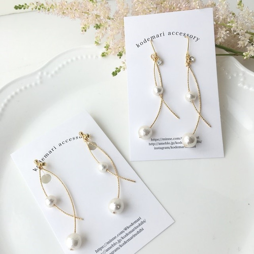 no.4064　ribbon＊perl　14kgfピアス/イヤリング スワロフスキー×四連パール、ゴールドフープのピアス/イヤリング