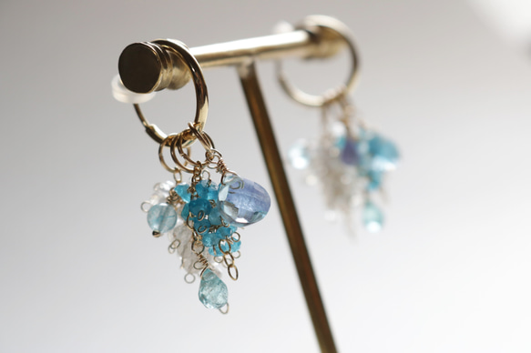 天然石マルチブルーの14KGFフープピアスor16KGPフープイヤリング  