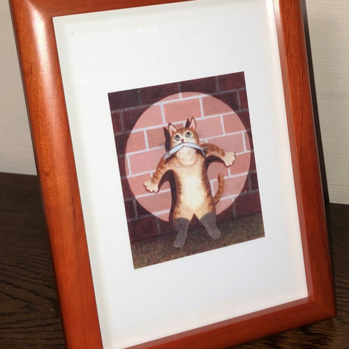 ポストカードサイズ❗手作り額付きシルクスクリーン応用絵画　「今宵もよろしく猫」 湘南海岸公園駅 夏と猫」 ポストカード + 古材フレーム