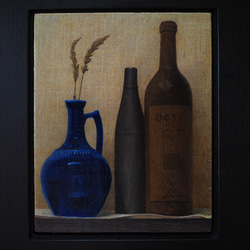 木彫りのワインボトルのある静物 / アクリル画 2枚目の画像