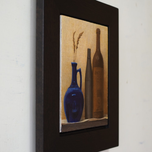 木彫りのワインボトルのある静物 / アクリル画 絵画 atelier
