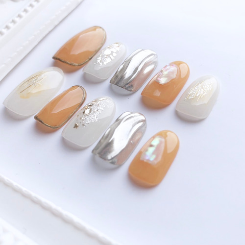 ネイルチップ No.⑮ オレンジニュアンスネイル ネイルチップ（つけ爪