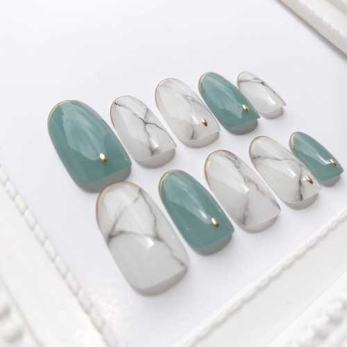 ネイルチップ No.⑯ ターコイズ×大理石ネイル ネイルチップ（つけ爪