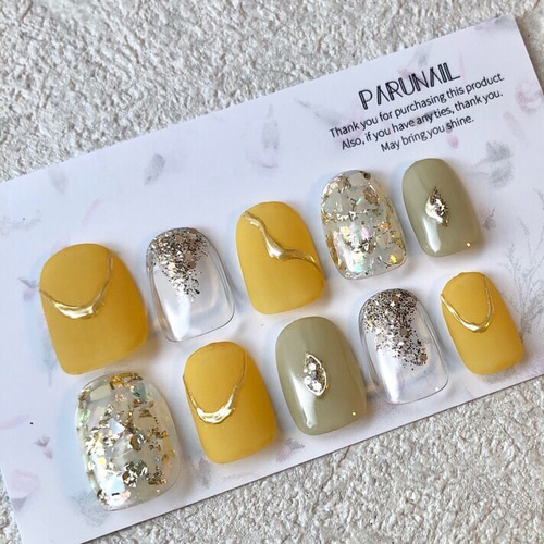 ネイルチップNo.59】夏/秋/イエロー/マスタード/マットネイル/ラメ