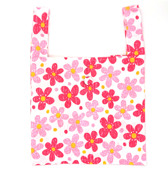 再販『赤とピンクのお花柄 エコバッグ 』レジ袋型 折りたたみ ショッピングバッグ 北欧 母の日 プレゼント 1枚目の画像