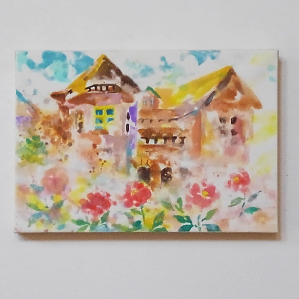 花と洋館シリーズ　日本画　｢花と洋館｣（絵画、パネルに和紙、岩絵の具） 1枚目の画像