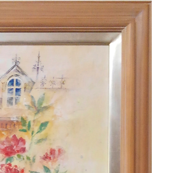 花と洋館シリーズ　日本画　｢花と洋館-芍薬-｣（絵画、パネルに和紙、岩絵の具、額装、柔らかい色調） 3枚目の画像