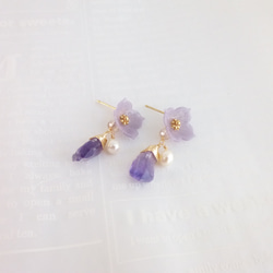 粗切割紫水晶和花朵耳環 第2張的照片
