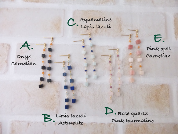 キューブカット天然石のロングピアス・イヤリング 2枚目の画像