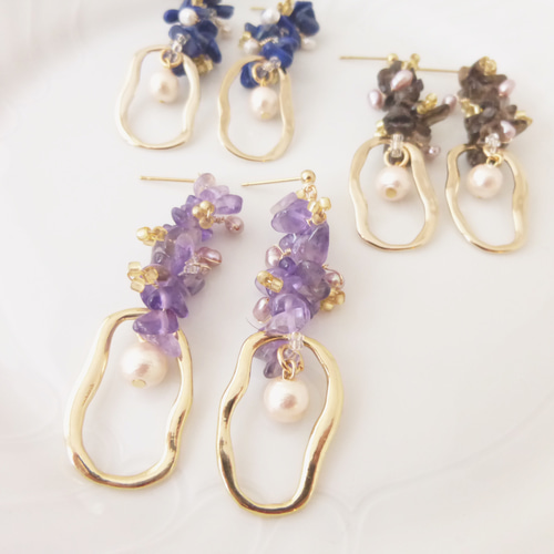 【no.818】パープル　さざれ石　ハンドメイドアクセサリー　ピアス　イヤリング no.818 パープル さざれ石 ハンドメイド ピアス イヤリング
