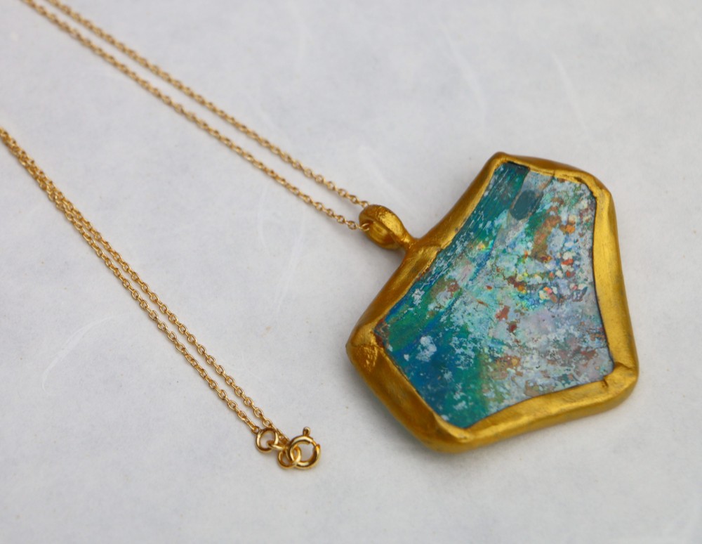 古代ローマン銀化ガラス　ペンダント ネックレス　SVチェーン　アンティーク