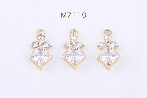 M7118 6個 高品質ジルコニアチャーム 菱形 1カン 8×17mm ゴールド/クリスタル 3X【2ヶ】 1枚目の画像