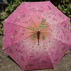 リネン　型染め　日傘　ピンクの花鳥 1枚目の画像