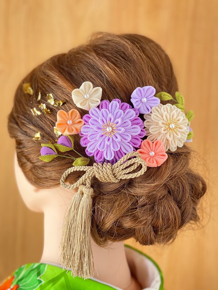 つまみ細工　 髪飾り　／　紫　ピンク　／　成人式　卒業式　結婚式　七五三　前撮り　振袖　和装　着物　袴