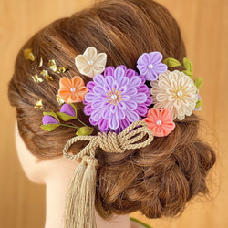 つまみ細工 髪飾り ／ 紫 ピンク ／ 成人式 卒業式 結婚式 七五三 前