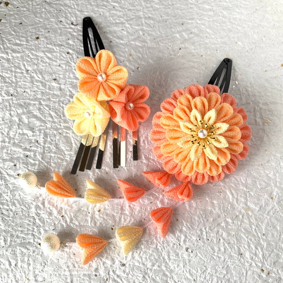 日本髪 髪飾り 七五三(7歳) 橙色 SOUBIEN 七五三 髪飾り 3歳 7歳 橙系 ライトオレンジ 金色 梅 花