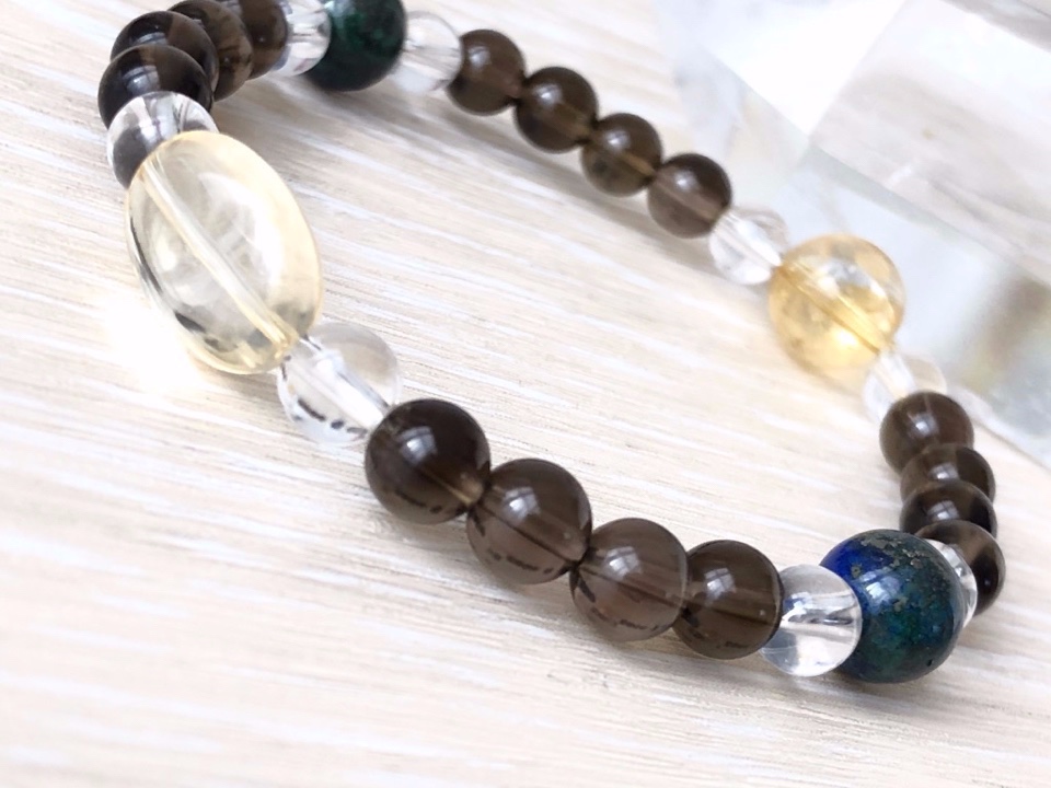 ストレス解消＊精神の安定＊父の日＊メンズ用：シトリン、アズライト、スモーキークォーツ、水晶