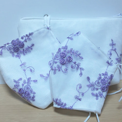 パープル薔薇刺繍３点セット★大人用立体マスク＆ケース★ポーチ sb3-002 1枚目の画像