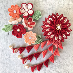 つまみ細工 髪飾り 成人式 卒業式 赤ぼかし×オレンジ コサージュ