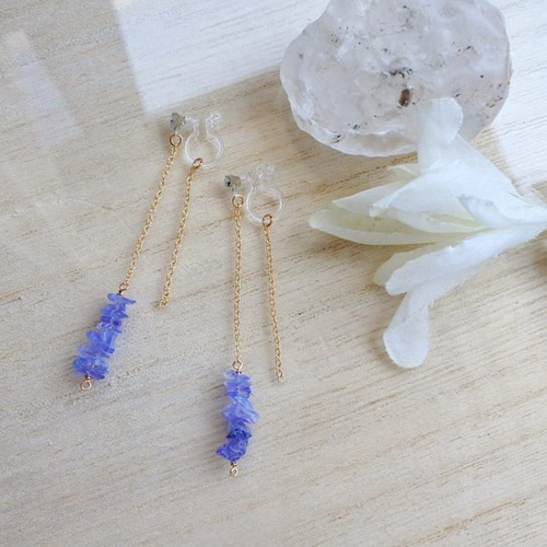 タンザナイト デザインチェーン ノンホールピアス イヤリング ハンドメイド