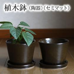 濃い茶色い陶器の植木鉢 (セミマット) (すり鉢タイプ) (ダークブラウン) (受け皿付き) 1枚目の画像