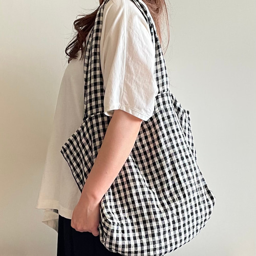 リネンのトートバッグ・ギンガムチェック・マルシェバッグ・エコ