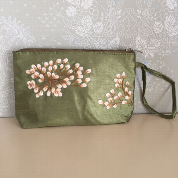 ベトナム刺繍ポーチ グリーン ファスナー付 ポーチ マミエッティ