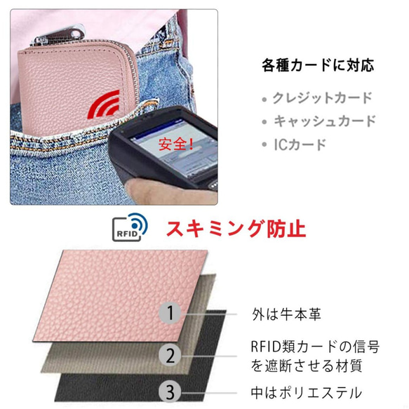 本革製 カードケース 財布 RFID スキミング防止 レザー 男女兼用 ピンク 5枚目の画像