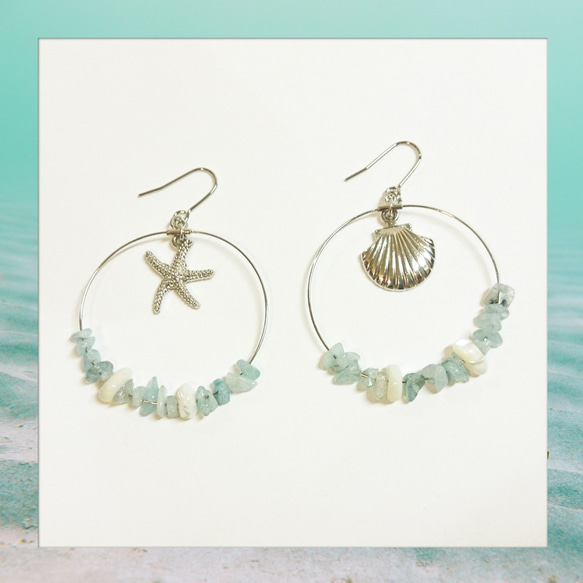 海モチーフのきれいめ天然石のフープピアス ピアス（フック・チェーン