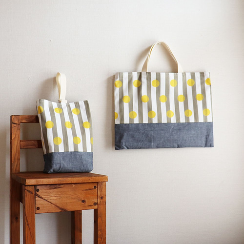 レッスンバックno.105 ハンドメイドグレー×ストライプ大きめサイズ