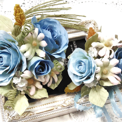 【送料無料】ブルーのバラと小花の親子コサージュ　卒業式　入学式　結婚式　アートフラワー　布花　染花　造花 1枚目の画像