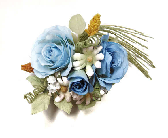 【送料無料】ブルーのバラと小花の親子コサージュ　卒業式　入学式　結婚式　アートフラワー　布花　染花　造花 4枚目の画像