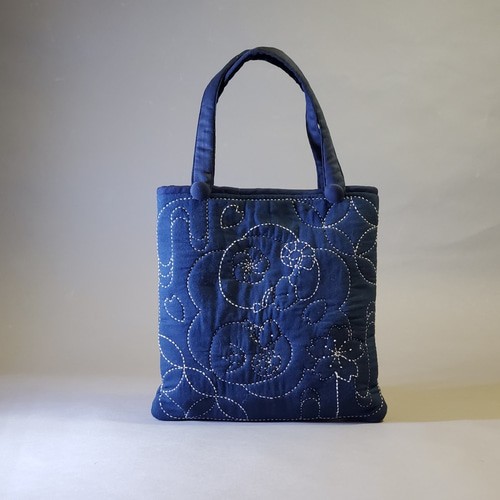 【送料0円】 槑さん手作りバッグ】紺刺し子刺繍鼈甲グラフィックショルダー ショルダーバッグ