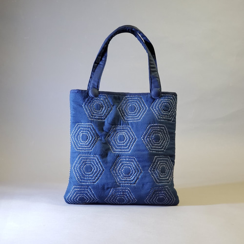 槑さん手作りバッグ】紺刺し子刺繍鼈甲グラフィックショルダー