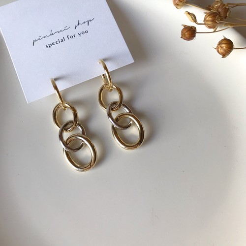 ゴールド×シルバー 太めチェーンフープイヤリング ゴールド シルバー  