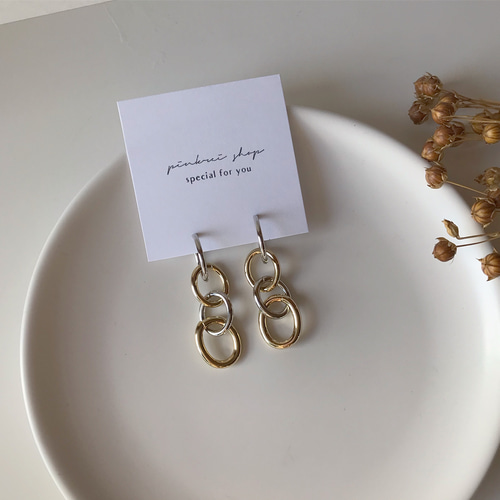 ゴールド×シルバー 太めチェーンフープイヤリング ゴールド シルバー