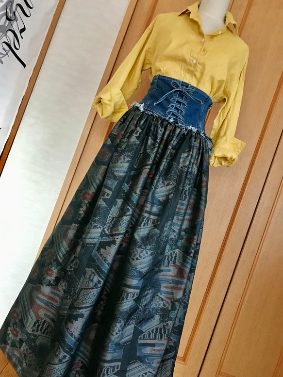 着物リメイク　大島紬ロングスカート 2枚目の画像