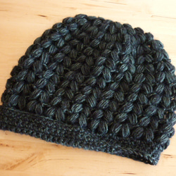 ば～ばの手編みの帽子/深緑×黒 2枚目の画像