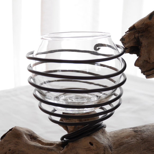 流木プランター エアープランツホルダー 植木鉢 花器 花瓶 ワイヤー グラスインテリア Lサイズ 4枚目の画像