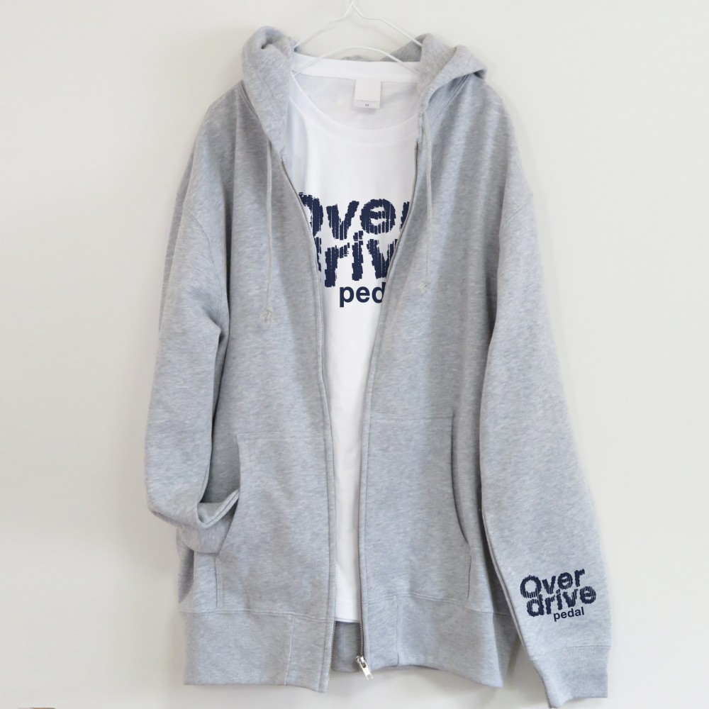 オーバードライブの文字がカッコいい音楽ジップパーカー【ミックスグレー】春秋も活躍のパイル地　ユニセックス　フード二重